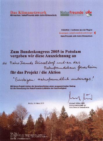 Die Urkunde für den ersten Platz im Wettbewerb "Einsteigen - naturfreundlich unterwegs"